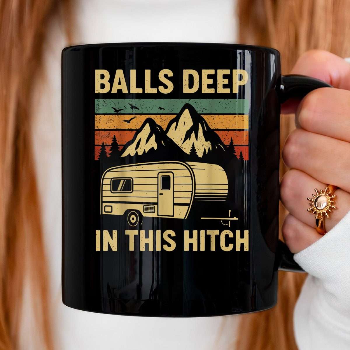 Balls Deep in This Hitch Camping RV Trailer Retro Landscape Mug